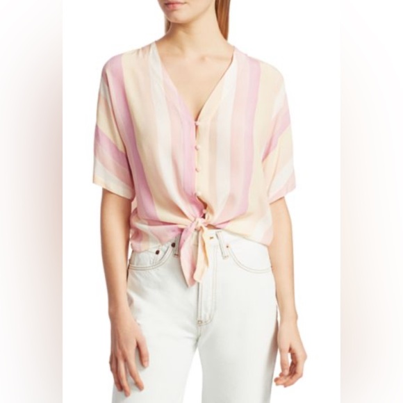 Rails Tops - RAILS Thea Stripe Tie-Front‎ Blouse Boxy Crop Top Shirt Womens Sz Small Neutral